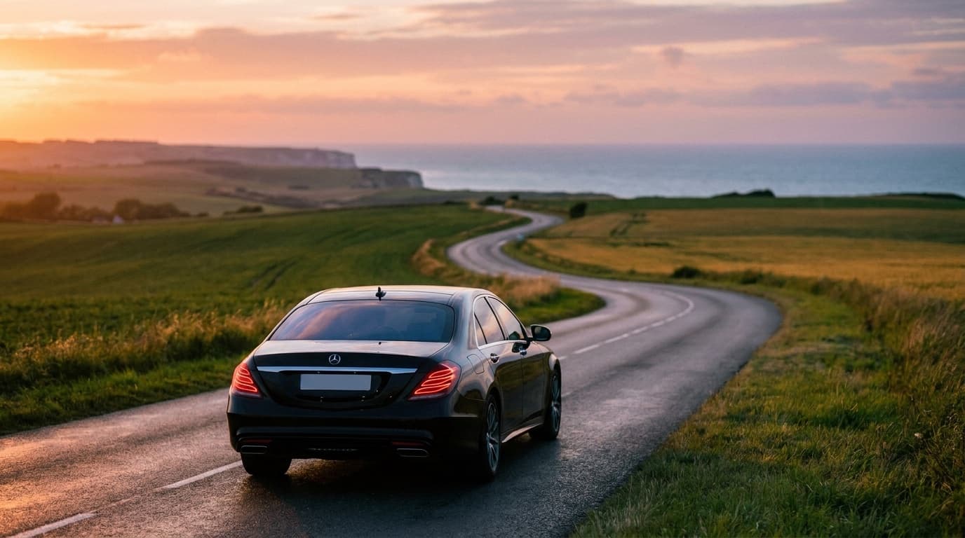 Private chauffeur Mercedes on a Normandy coastal road at sunset