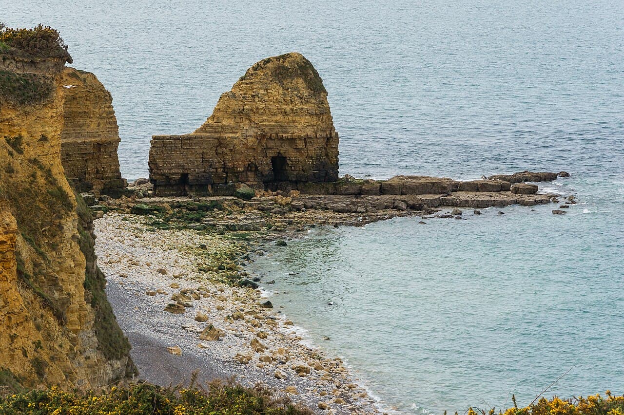 The cliffs and sea stack of Pointe du Hoc, between Omaha Beach and Utah Beach