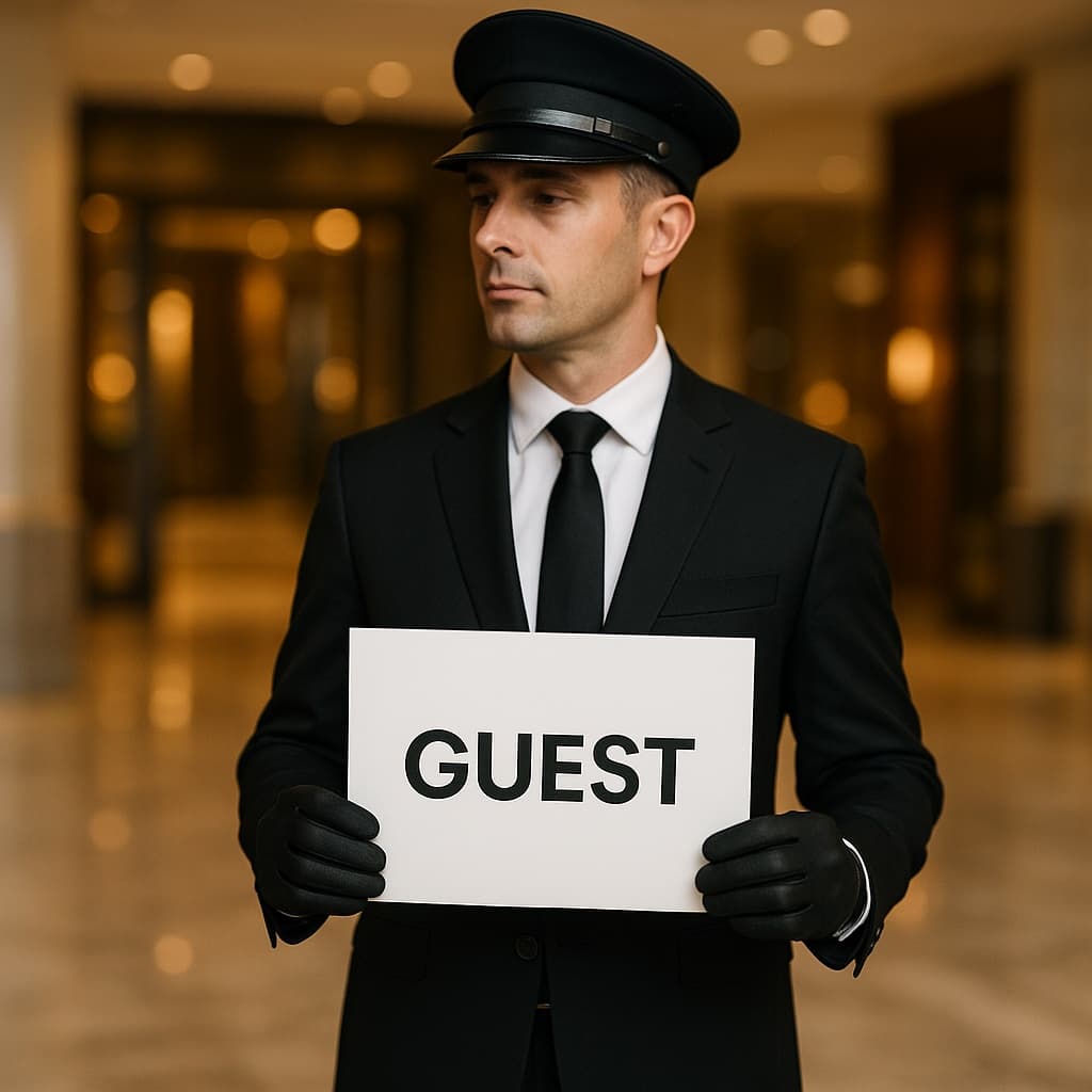 A chauffeur in uniform holding a welcome sign for an arriving guest