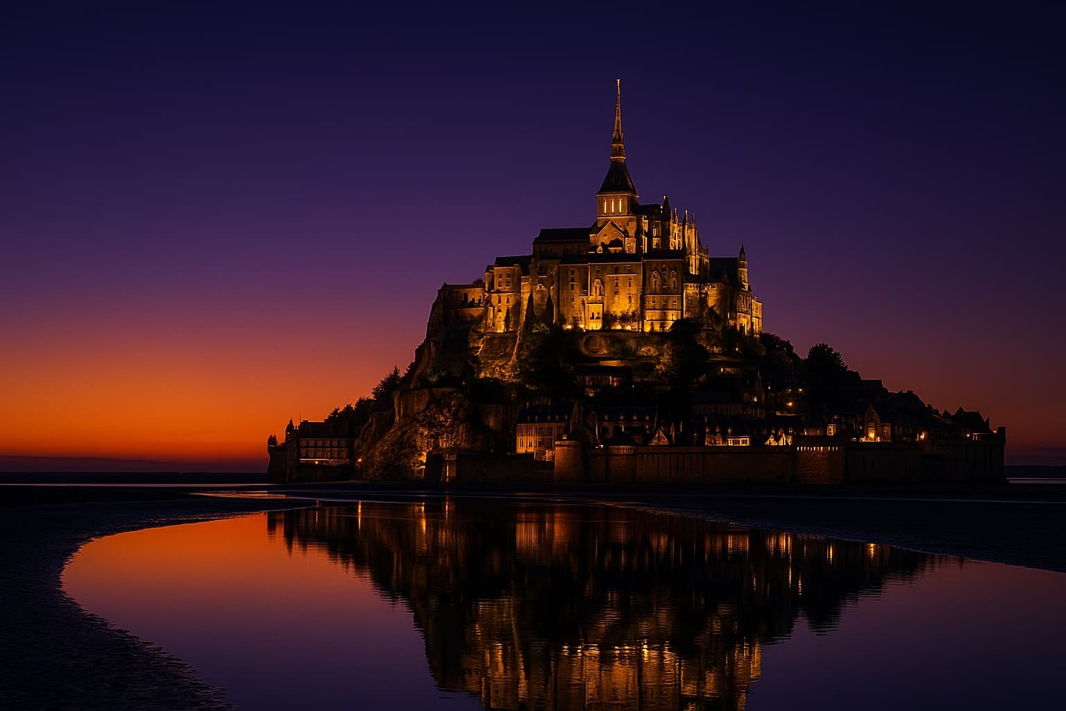 Mont Saint-Michel lit up at dusk, reflected in the bay at low tide